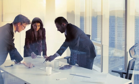 The future of audit report - Adult senior diverse multi-ethnic Caucasian Hispanic Middle Eastern CEO executive team business people together in conference meeting room in contemporary modern office bright sunny daylight sunset dusk talking discussing planning organizing strategy well dressed suit and tie teamwork cooperation diversity multi-ethnic problems solutions unity cityscape downtown urban new beginnings breaking new ground dreamlike decisions choices the way forward diversity