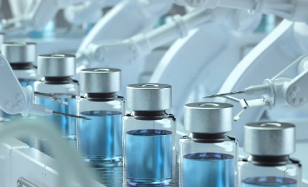 Blue medicine glass bottles standing on robotic production line